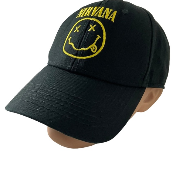 Nirvana Black Baseball Hat Embroidered Yellow Smile Face Logo Adjustable Cap - Picture 1 of 11